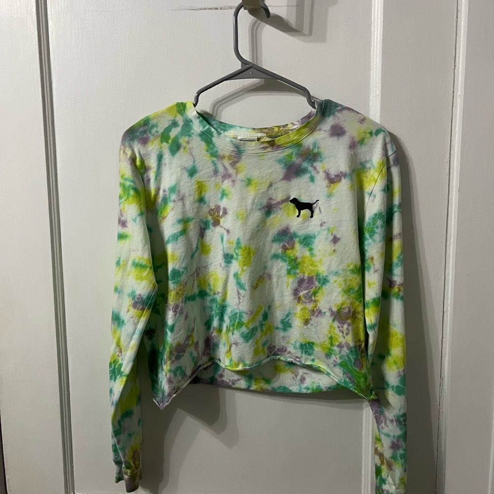 PINK Victoria's Secret Green and Yellow Tie-Dye Long Sleeve Top